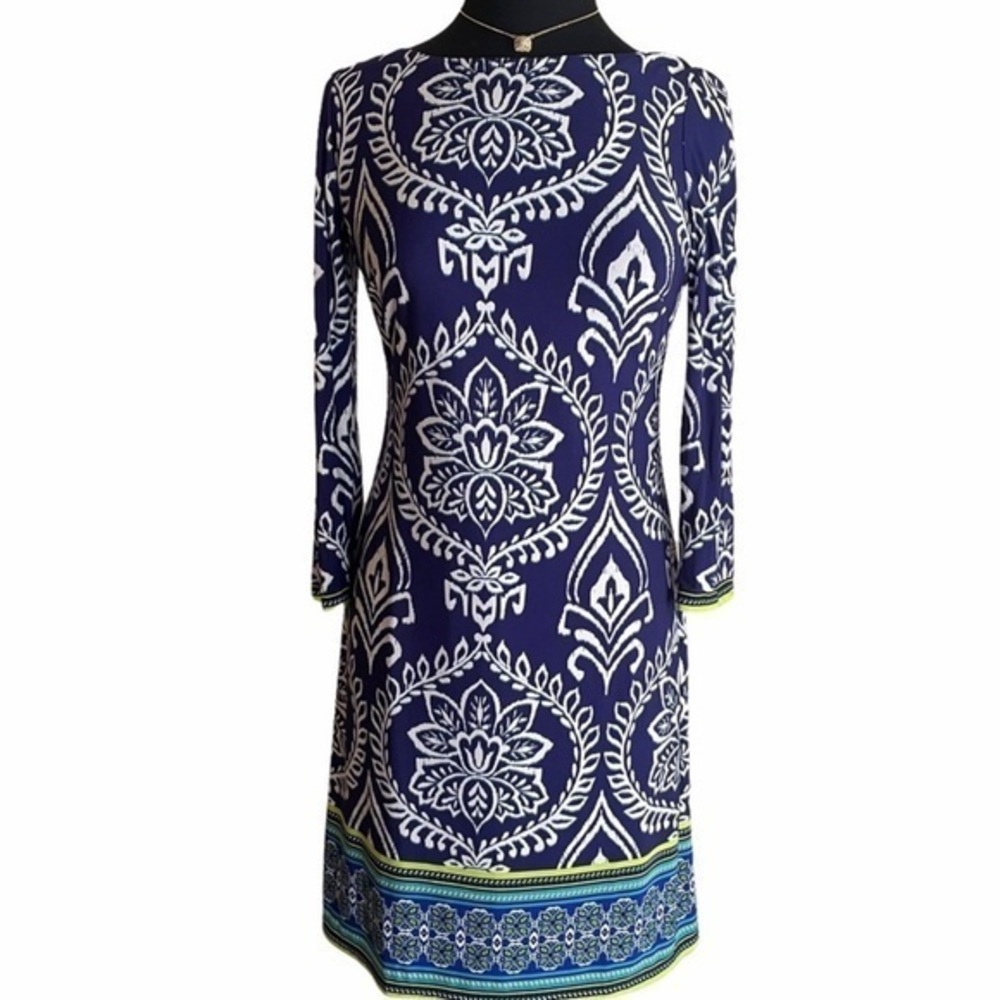 😾🐠Vince Camuto paisley printed pattern blue white short sleeve size 2 BUDGET